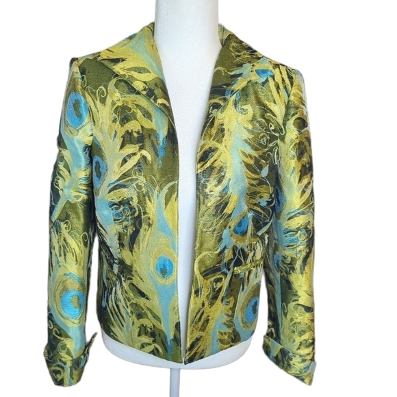 3 Sisters Jacket green Peacock print Women's Open cropped blazer Reg $289 sz xs - Picture 9 of 11